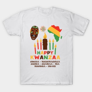 Happy Kwanzaa, Cultural Celebration. African mask and the African continent T-Shirt